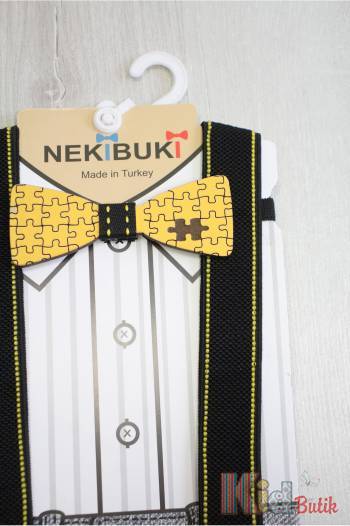 Купити Метелик дерев'яний з підтяжками чорно-жовтими "Пазл" Nekibuki 1025-14 на КідБутік Метелик дерев'яний з підтяжками чорно-жовтими "Пазл" Nekibuki 1025-14