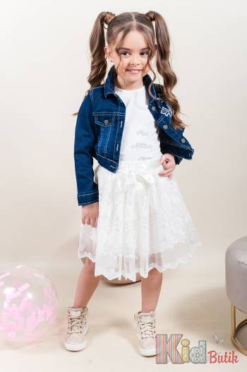Купить Комплект молочный джинсовая куртка+юбка+футболка Moonstar МС22-8209Ekru на КидБутик Комплект молочный джинсовая куртка+юбка+футболка Moonstar МС22-8209Ekru