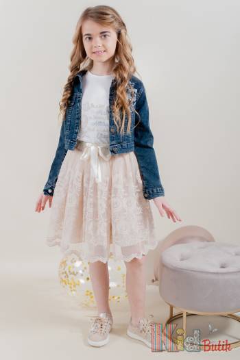 Купить Комплект телесный джинсовая куртка+юбка+футболка Moonstar МС22-8210BEJ на КидБутик Комплект телесный джинсовая куртка+юбка+футболка Moonstar МС22-8210BEJ