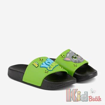 Купить Шлепанцы черно-лаймовые с котом для мальчика Coqui 22-6383 Black/Lime на КидБутик Шлепанцы черно-лаймовые с котом для мальчика Coqui 22-6383 Black/Lime