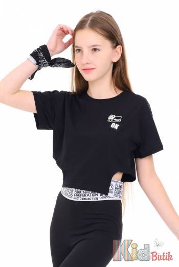 Купить Футболка черная укороченная "Ok" для девочки Marions Мр24-33(7528) на КидБутик Футболка черная укороченная "Ok" для девочки Marions Мр24-33(7528)