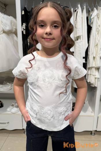 Купить Футболка белая с кружевом и розами Escabel Kids Ес26-31Мол(36198) на КидБутик Футболка белая с кружевом и розами Escabel Kids Ес26-31Мол(36198)